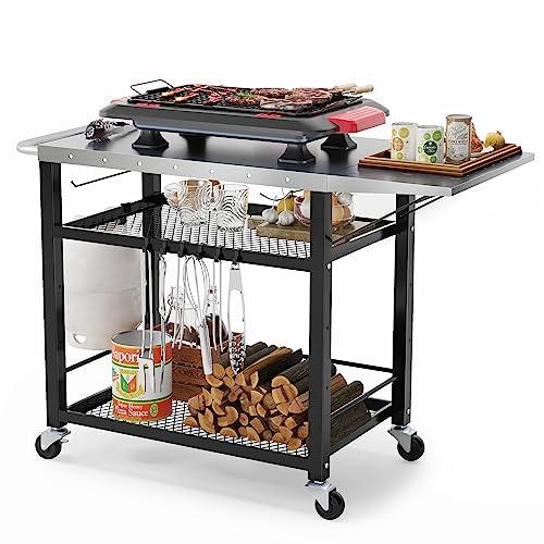 LUE BONA 43.3"W x 19.7"D Outdoor Grill Cart Table with Foldable Side Table, Movable Pizza Oven Stand for Outside Patio, Three-Shelf Stainless Steel Flattop Outdoor Cooking Prep Table with Wheels - CookCave