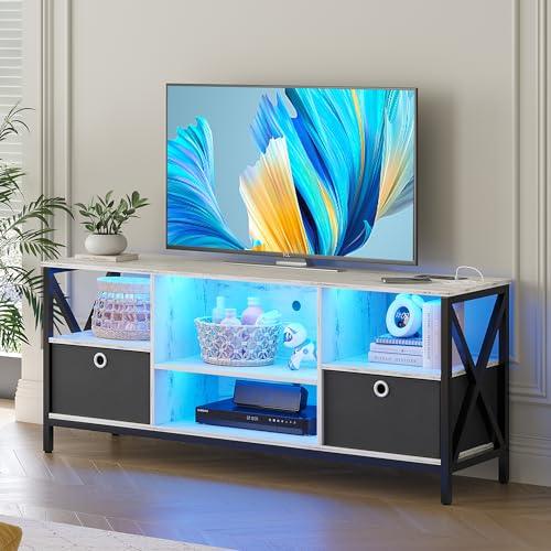 OUTDOOR DOIT LED TV Stand for TV up to 65 Inch, Entertainment Center with Body Sensor 3-Color Light & Charging Station, TV Console Cabinet with 6 Open Shelves and 2 Removable Drawers (White) - CookCave