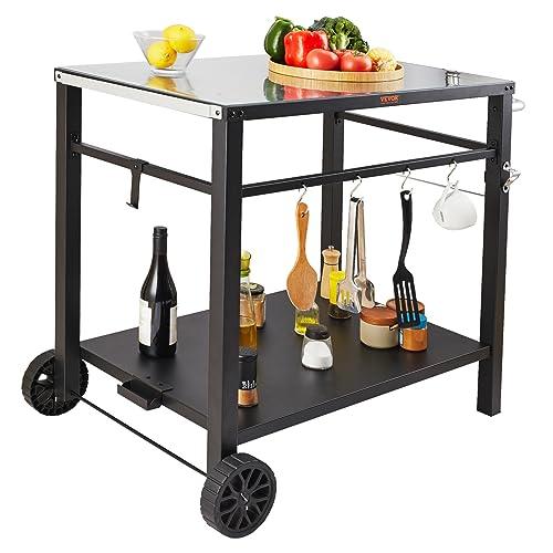 VEVOR Outdoor Grill Dining Cart with Double-Shelf, BBQ Movable Food Prep Table, Multifunctional Iron Table Top, Portable Modular Carts for Pizza Oven, Worktable with 2 Wheels, Carry Handle, Black - CookCave