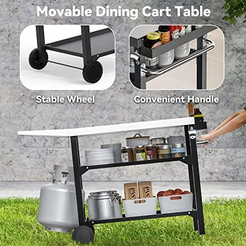 Skyflame Movable Outdoor Dining Cart Table, Three-Shelf Stainless Steel BBQ Grill Cart, Multifunctional Food Prep Flattop Worktable on Wheels for Kitchen, Pizza Oven, Patio Grilling Backyard - CookCave