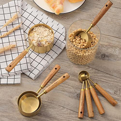 Muchtolove Measuring Cups and Spoons Set of 8, Golden Stainless Steel Measuring Cup with Wooden Handle, Kitchen/Food/Liquid/Baking - CookCave