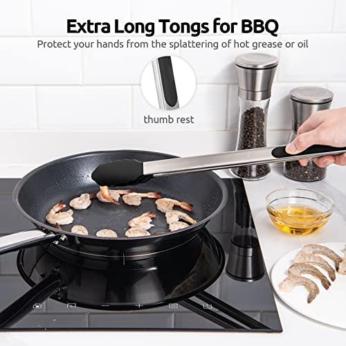 600℉ Heat Resistant Kitchen Tongs: U-Taste 16 inch Extra Long Large Silicone Cooking Tong with Sturdy Non Stick Rubber Tips & Non Slip Silicon Coated 18/8 Stainless Steel Handle for Grill BBQ (Black) - CookCave