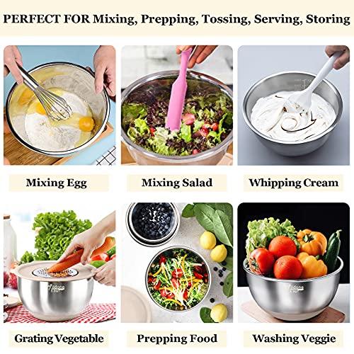 Wildone Mixing Bowls with Airtight Lids, 22 PCS Stainless Steel Nesting Bowls, with 3 Grater Attachments, Scale Marks & Non-Slip Bottom, Size 5, 4, 3, 2,1.5, 0.63QT, Ideal for Mixing & Prepping - CookCave