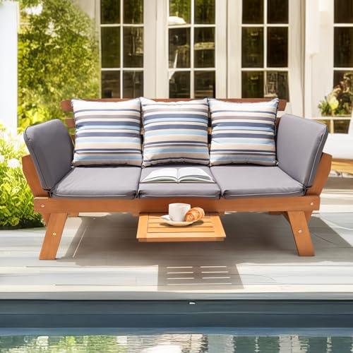 Idzo Amelie Eucalyptus Convertible Outdoor Sofa, 750lbs Capacity Patio Couch with Folding Armrest & Coffee Tray, FSC Certified Wood Furniture Set with 3 Pillows, High Static Load - Gray - CookCave