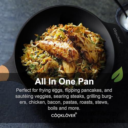 COOKLOVER Nonstick Woks And Stir Fry Pans Die-cast Aluminum Scratch Resistant 100% PFOA Free Induction Wok pan with Lid 12.6 Inch - BK - CookCave