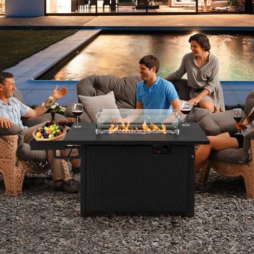 Giantex 52" Outdoor Propane Fire Pit - 50,000 BTU Wicker Patio Gas Fire Table w/Lid, Waterproof Cover, Tempered Glass Wind Guard & Blue Fire Stone, PE Rattan Firepit Table w/Storage Shelf (Black) - CookCave