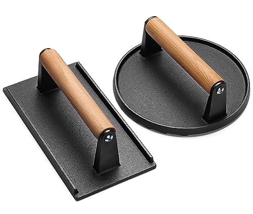 EWFEN Burger Press, 7" Round & 8.2"X4.3" Rectangle Heavy-Duty Cast Iron Smash Bacon Press Meat Steak with Wood Handle for Griddle, Sandwich, Nonstick Pan - CookCave