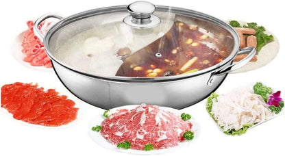 LP Living Plus Dual Sided Stainless Steel Shabu Shabu Hot Pot with Glass Lid, 30cm - CookCave