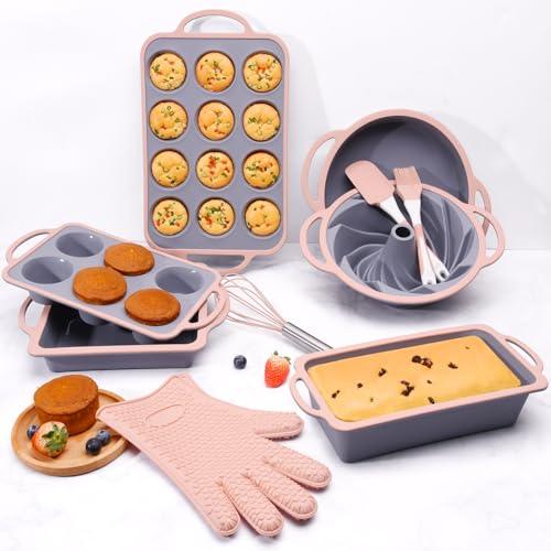 Silicone Bakeware Sets, 10in1 Silicone Baking Pans Set, Baking Set, Bundt Cake Pan Set Muffin Pan with Silicone Spatulas Pastry Brush Oven Mitts Whisk, Silicone Baking Pan Set for Cheesecake (Pink) - CookCave