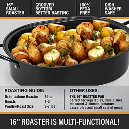 Granite Stone Oval Roaster Pan, Small 16” Ultra Nonstick Roasting Pan with Lid, Grooved Bottom for Basting, Broiler Pan for Oven, Dishwasher Safe, Up to 7lb Poultry/Roast, Serves 1-5, PFOA Free - CookCave