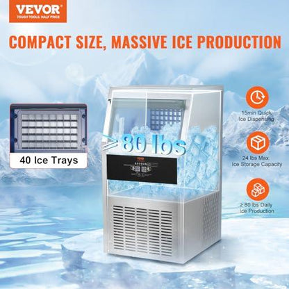VEVOR Commercial Ice Maker, 80lbs/24H, Ice Maker Machine, 40 Ice Cubes in 12-15 Minutes, Freestanding Cabinet Ice Maker with 24lbs Storage Capacity LED Digital Display, for Bar Home Office Restaurant - CookCave