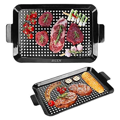 2PCS Grill Topper Pans ACETOP Nonstick Barbecue Grilling Baskets Outdoor Indoor Stainless Steel Grill Tray Accessories with Perforated Bottom for Cooking Chicken Drumsticks Vegetable Shrimp Meat Gifts - CookCave