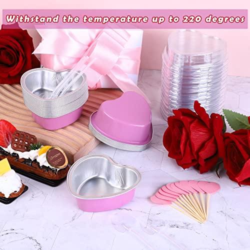 Fovths 60 Pack Valentine‘s Day Heart Shaped Cake Pans with Lids 3.4oz/100ml Disposable Valentine Baking Supplies Aluminum Foil Heart Pans with Spoon Heart Topper for Valentine Mother's Day Party, Pink - CookCave