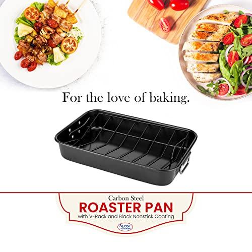 Alpine Cuisine Turkey Roaster Pan with Rack 16-Inch - Nonstick Coating Carbon Steel Pan - Black & Heavy Duty Roasting Pan - Easy to Clean, Multipurpose Use - Durable & Dishwasher Safe - CookCave