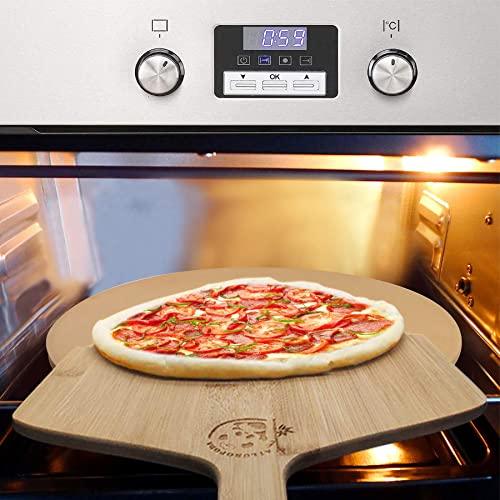 AILUROPODA 13" Round Pizza Stone for Oven and Grill with Bamboo Pizza Paddle, Cleaning Scraper and Recipe Cordierite Baking Stone for Oven Thermal Shock Resistant - CookCave