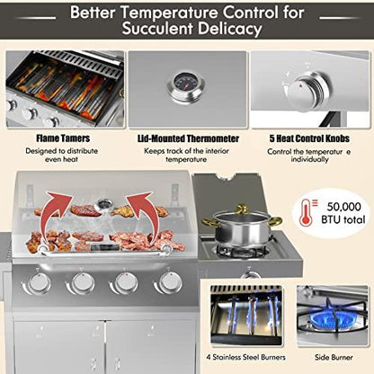 Giantex Propane Gas Grill 50,000 BTU, 4 Main Burners, 1 Side Burner, 2 Prep Tables, Stainless Steel Heavy-Duty BBQ Grill with 4 Wheels for Backyard Party Outdoor Cooking - CookCave