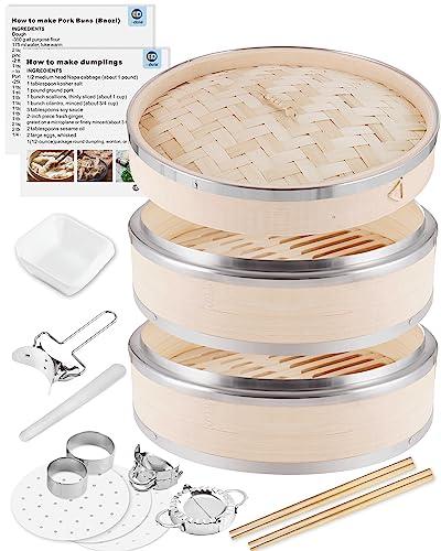 edola Kitchen Dumpling Steam Basket, 10 Inches, 2 Tiers, Stainless Steel Rims, Chinese Bamboo Steamer Basket with Dumpling Bao Buns Instruction - CookCave