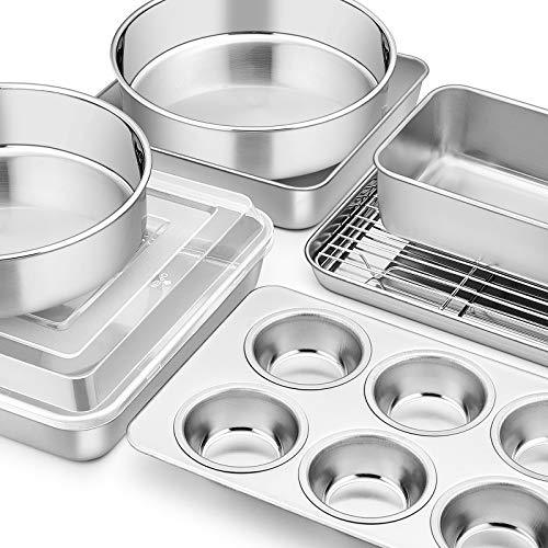 E-far Stainless Steel Bakeware Set, Metal Baking Pan Set of 9, Include Round/Square Cake Pans, Rectangle Baking Pan with Lid, Loaf Pan, Muffin Pan, Cookie Sheet with Rack, Dishwasher Safe - CookCave