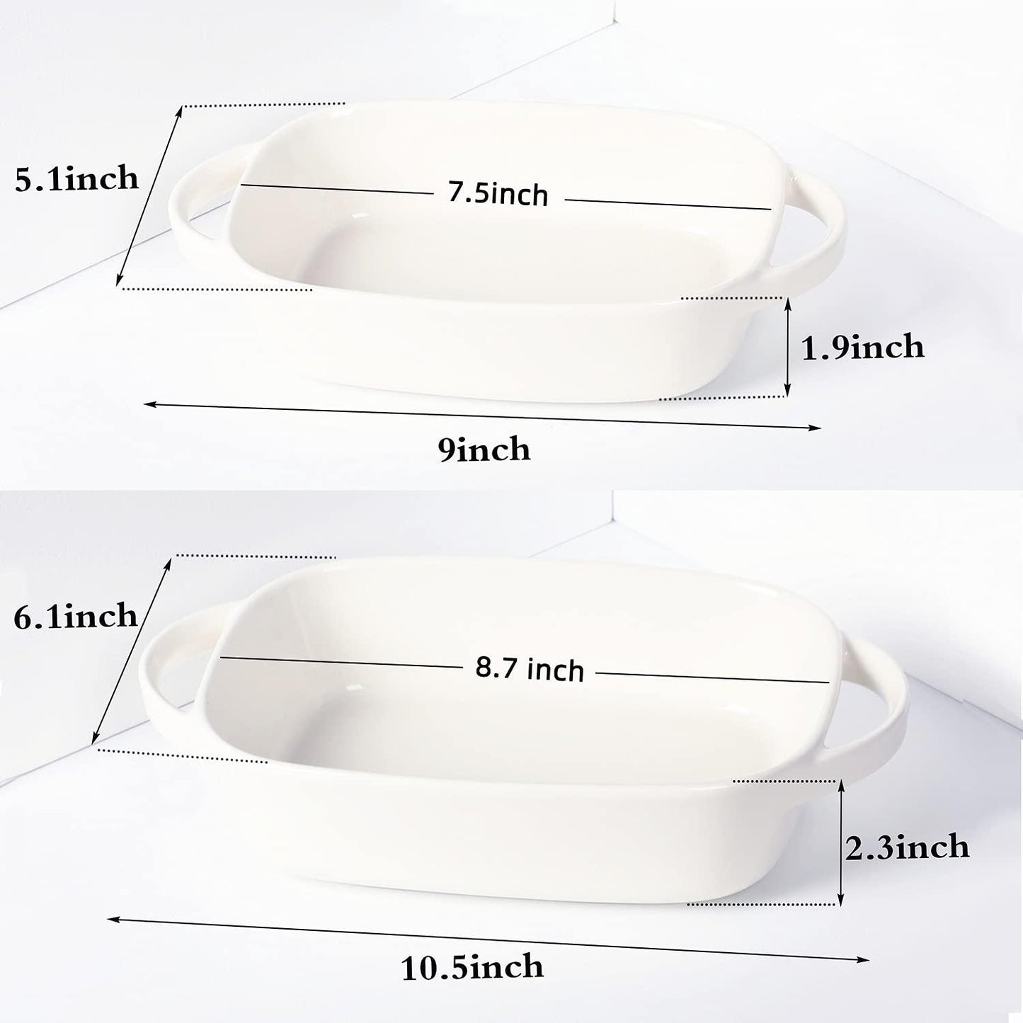 Ceramic 1.1/0.6 Quart Baking Dish Set of 2, 6.1"x8.7", 5.1"x 7.5" (White, 2 Piece Assortment) - CookCave