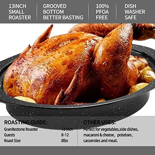 13” Enameled Oval Roasting Pan with Domed Lid - For 7lb Turkey, Chicken, Lamb, Vegetables - CookCave