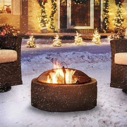 Sunjoy 26 in. Stone Fire Pit, Patio Outdoor Round Wood Burning Fire Pits for Outside with Spark Screen and Poker, Brown & Black - CookCave