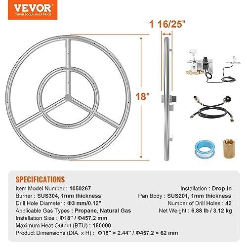 VEVOR 18 inch Round Drop-in Fire Pit Pan, Stainless Steel Fire Pit Burner Kit, Propane Gas Fire Pan with 150,000 BTU for Indoor or Outdoor Use - CookCave