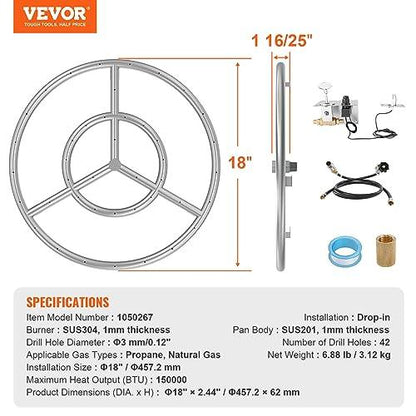 VEVOR 18 inch Round Drop-in Fire Pit Pan, Stainless Steel Fire Pit Burner Kit, Propane Gas Fire Pan with 150,000 BTU for Indoor or Outdoor Use - CookCave