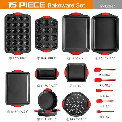 Baking Pans Set, 15 Piece Premium Baking Set, Nonstick Bakeware Sets BPA Free, Cookie Sheets for Baking Nonstick Set, Steel Baking Sheets for Oven with Muffin Pan, Cake Pan & Kitchen Utensils - Black - CookCave