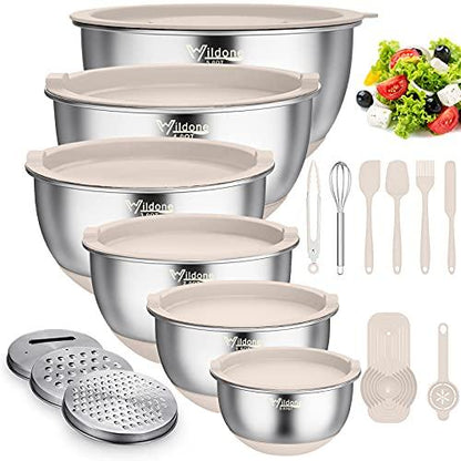 Wildone Mixing Bowls with Airtight Lids, 22 PCS Stainless Steel Nesting Bowls, with 3 Grater Attachments, Scale Marks & Non-Slip Bottom, Size 5, 4, 3, 2,1.5, 0.63QT, Ideal for Mixing & Prepping - CookCave