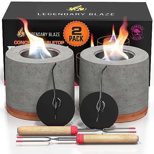 2 Pack Gardenix Decor Concrete Tabletop Fire Pit with Bamboo Base; Burns Ethanol and Multiple Fuels; 2 Extending Marshmallow Roasting Stick Forks; Table Top Fire Pit Bowl/Mini Tabletop Fireplace - CookCave