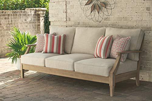 Signature Design by Ashley Clare View Coastal Outdoor Patio Eucalyptus Sofa with Cushions, Beige - CookCave