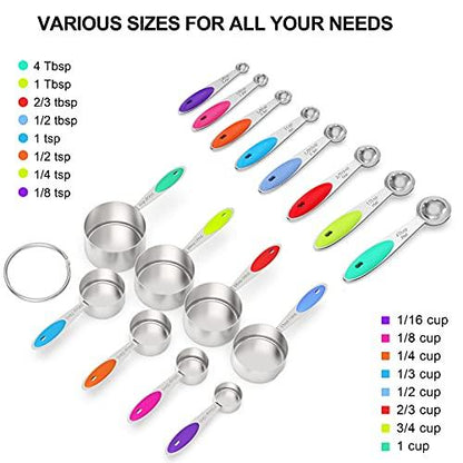 Measuring Cups & Spoons Set of 21 - Wildone Stainless Steel Measuring Cups and Spoons with Colored Silicone Handle, 8 Nesting Metal Cups, 8 Spoons & 5 Mini Spoons, for Dry and Liquid Ingredient - CookCave