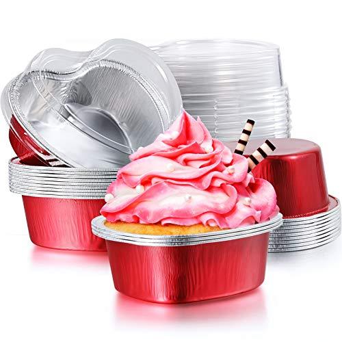 Aluminum Foil Cake Pan Heart Shaped Cupcake Cup with Lids 100 ml/ 3.4 Ounces Disposable Mini Cupcake Cup Flan Baking Cups for Valentine Mother's Day Wedding Xmas Birthday (Red,20 Sets) - CookCave