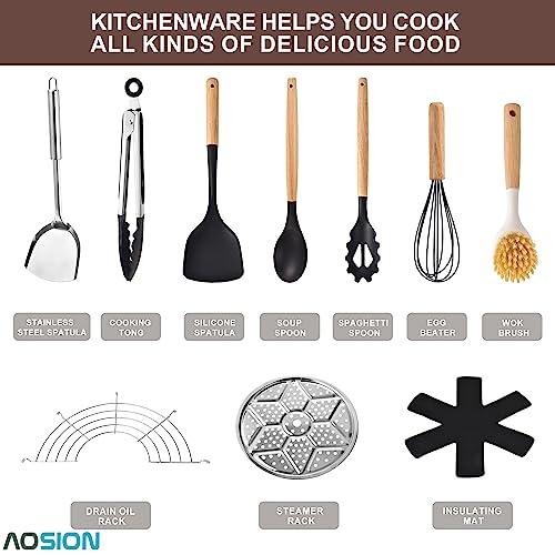 AOSION 13'' Carbon Steel Wok, 12 Piece Wok Pan & Stir-Fry Pans Set with Lid & Cookwares, No Chemical Coated Flat Bottom Chinese Wok Pan for Induction, Electric, Gas, Halogen, All Stoves - CookCave