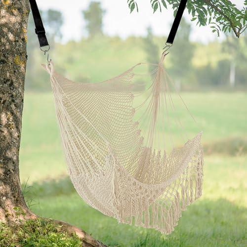 FSCGIFE Hammock Chair Large Hanging Chair Max 330 LBS Soft Cotton Rope Swing Chair for Outdoor, Indoor, Living Room, Garden, Yard (Beige) - CookCave