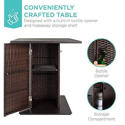 Best Choice Products 5-Piece Outdoor Wicker Bar Table Set for Patio, Poolside, Backyard w/Built-in Bottle Opener, Hidden Storage Shelf, Metal Tabletop, 4 Stools - Brown - CookCave