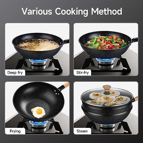 KYTD Non-Stick Wok with Steamer Basket,12.5 Inches Stir Fry Pans with Lid, Wok Pan Flat Bottom Multifunctional Cookware Chinese Wok for Induction, Gas, Halogen - CookCave