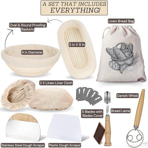 ECOMERR 9” Banneton Bread Proofing Basket - Set of 2 Round & Oval Rattan Proofing Baskets for Sourdough Bread Baking with Bread Lame + Steel & Plastic Dough Scraper + Linen Liner Cloth + Dough Whisk - CookCave