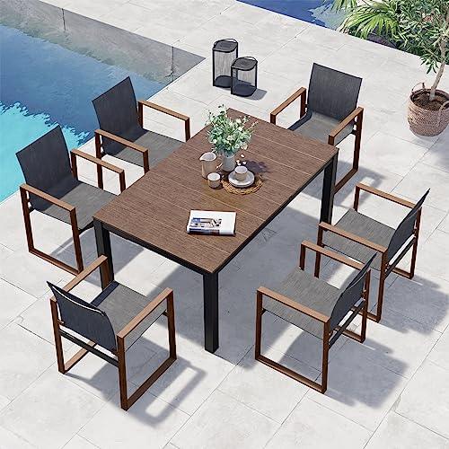 Grand patio Outdoor Modern 7-Piece Duisburg Dining Set with Faux Wood Grain Finish, 1 Rectangular Table and 6 Sling Chairs with Market Umbrella Hole for Backyard Garden Patio - CookCave