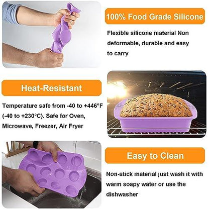 Acidea 7PCS Silicone Baking Set, Nonstick Silicone Bakeware Pan, Soft Easy to demould Baking Mold for Oven, Heat Resistant Bakeware Tray for Muffin, Loaf, Donut, Pizza, Cupcake, Purple - CookCave