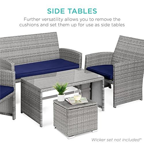 Best Choice Products Set of 2 Wicker Ottomans, Multipurpose Outdoor Furniture for Patio, Backyard, Additional Seating, Footrest, Side Table w/Storage, Removable Cushions - Gray/Navy - CookCave