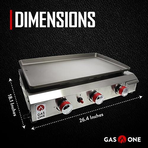 Gas One Flat Top Grill with 3 Burners – Auto Ignition Propane Portable Gas Grill – Premium Stainless Steel Body Tabletop Grill with Pre Season Griddle – Convenient Drip Tray – Ideal for RV, Camping - CookCave