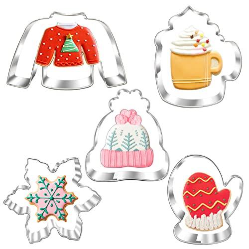 LUBTOSMN New Winter Christmas Cookie Cutter Set-5 Piece-Ugly Sweater, Hat, Mitten, Snowflake, Coffee Mug Cookie Fondant Biscui Cutters for Ugly Vintage Christmas Thanksgiving - CookCave