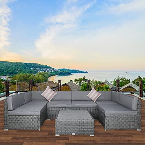 7 Piece Outdoor Patio Furniture Sets with Cushions, Outdoor Sectional Sofa Set, Patio PE Rattan Wicker Conversation Couch Sets with Slatted Coffee Table, and Striped Pillows (Light Gray/Gray) - CookCave