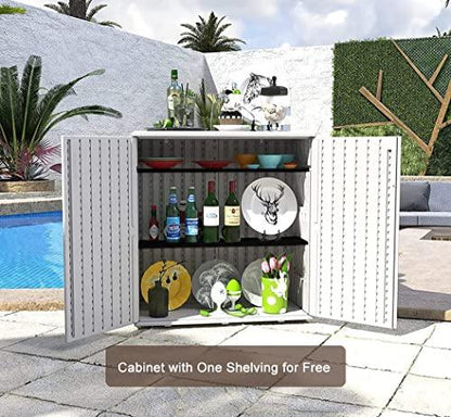KINYING Outdoor Storage Cabinet Waterproof with Doors, 60 Gallon Resin Deck Box for Patio Furniture Cushions, Garden Tools, Pool Tools and Kids’ Toys (Off-White with 1 Shelving) - CookCave
