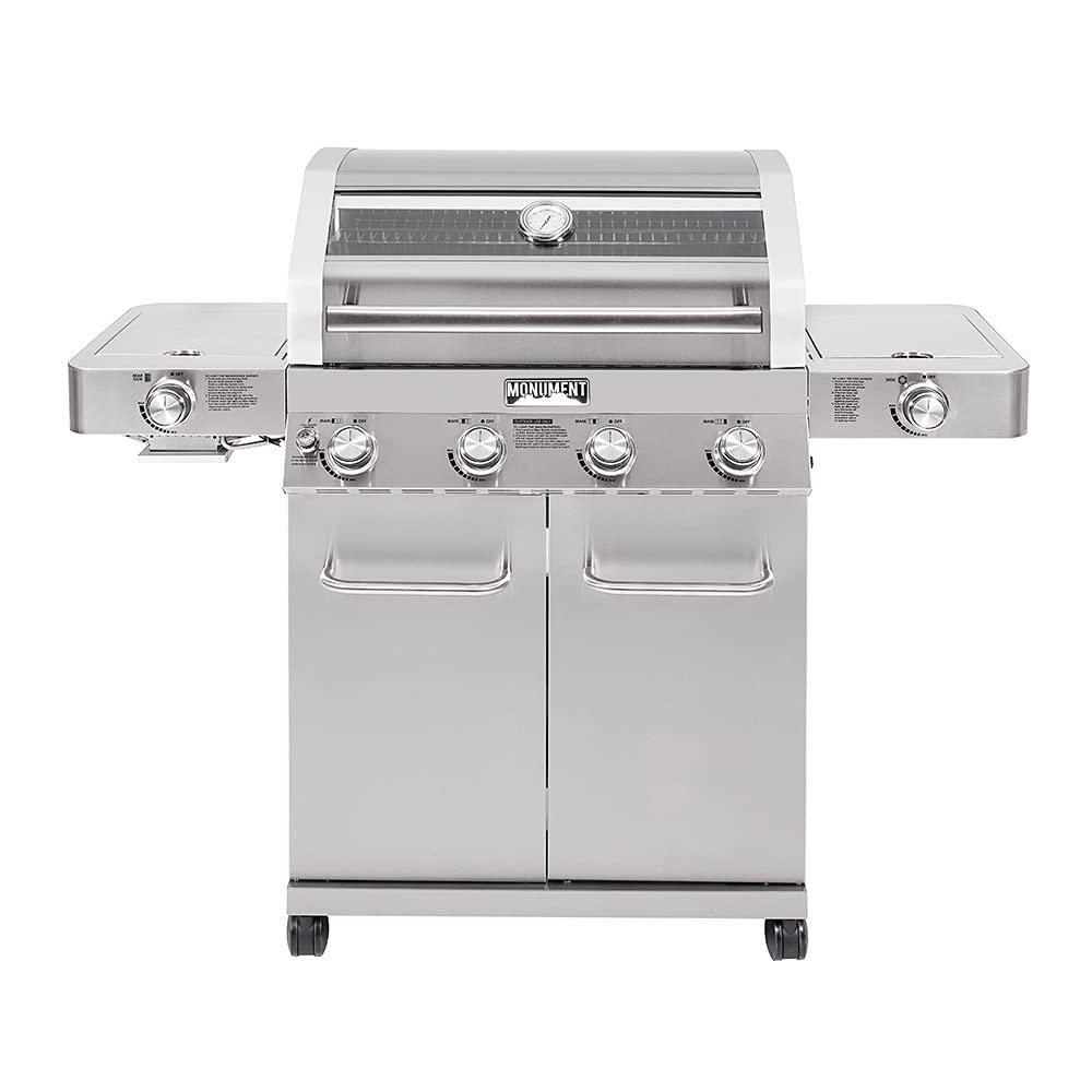 Monument Grills Larger 4-Burner Propane Gas Grills Stainless Steel Cabinet Style with Clear View Lid, LED Controls, Built in Thermometer, and Side & Infrared Side Sear Burners - CookCave