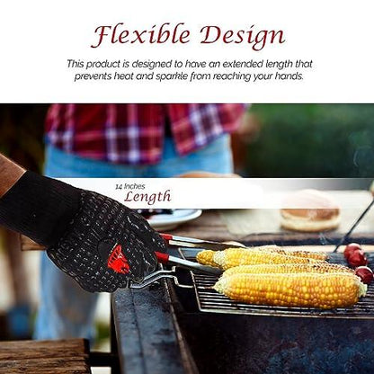 Clean Grill EST. 2022, Heat-Resistant BBQ Grill Gloves - Premium Silicone Grip, Aramid Fabric, Oven Pizza Gloves - BBQ Essentials, One Size, Accessories for Men, 14 inches - CookCave