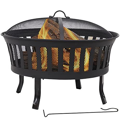 Sunnydaze 25-Inch Steel Wood-Burning Fire Pit with Mesh Stripe Cutouts - Includes Poker and Spark Screen - CookCave