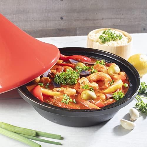 Tagine Moroccan Cast Iron 4 qt Cooker Pot with Recipe Book, Caribbean One-Pot Tajine Cooking, Enameled Ceramic Lid- 500 F Oven Safe Dish w Large Capacity, Cone Shaped Lid, Cookware Gift - CookCave