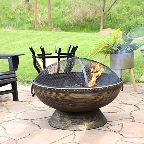 Sunnydaze 30-Inch Fire Pit Bowl with Spark Screen, Fireplace Poker, and Metal Grate - Black High-Temperature Paint Finish - CookCave